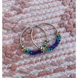 Gold and Blue Beaded Hoop Earrings